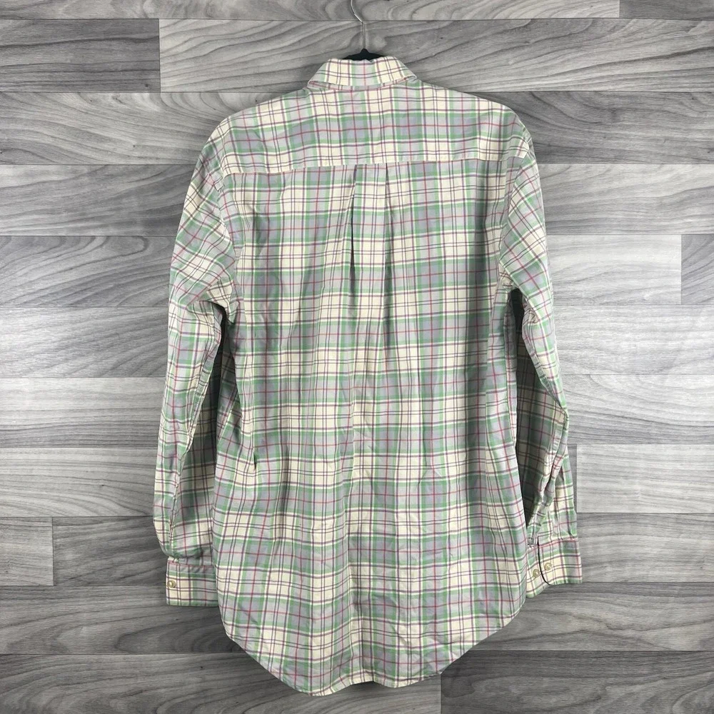 Hickey Freeman Button Down Shirt Mens M Beige Tan Green Plaid Check Dress Casual